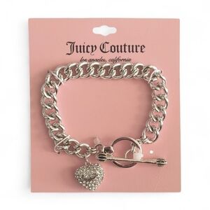 Juicy Couture Silver-Toned Crystal Pave Heart Logo Toggle Bracelet